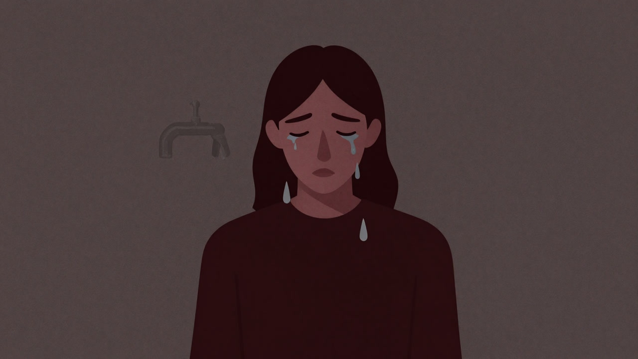 肩がなだらかに傾き、涙が滴り落ちる人物のコミカルなイラスト