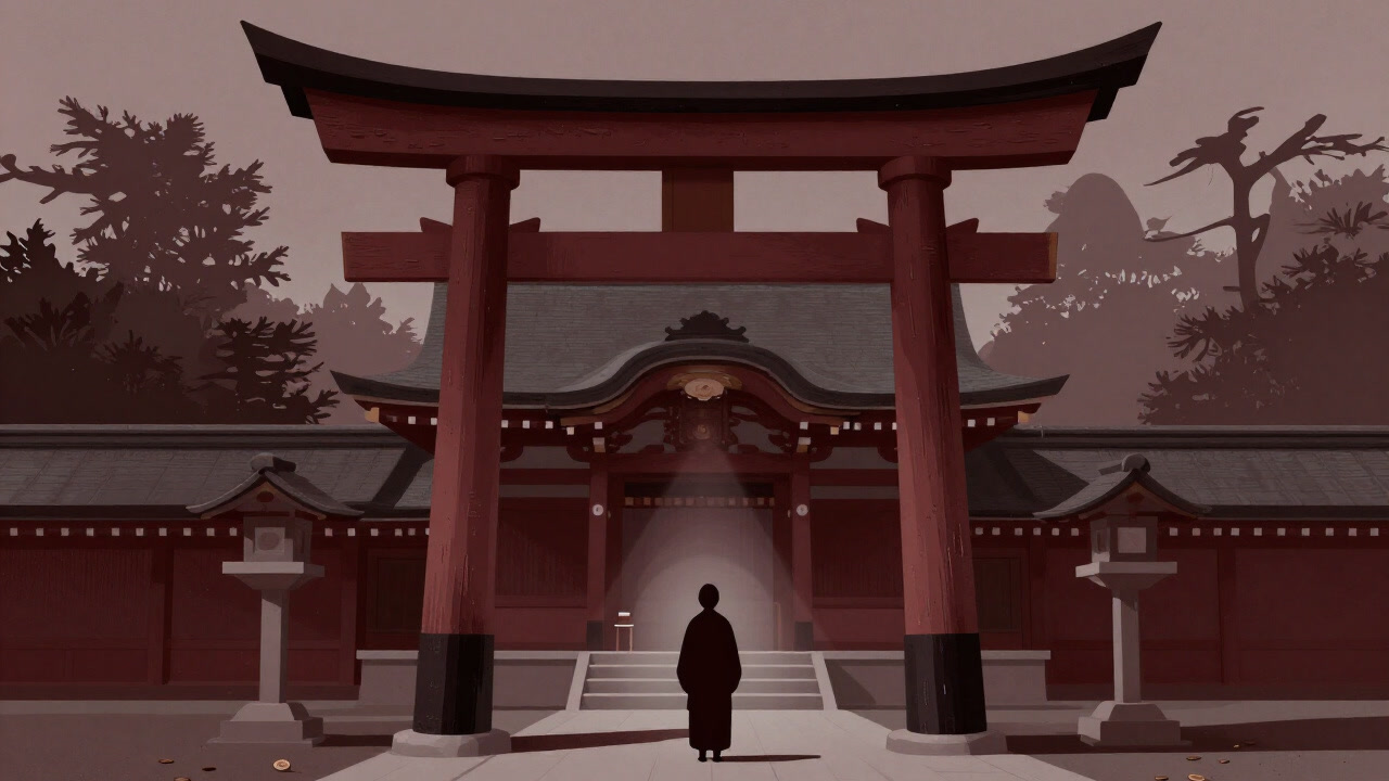 古びた社殿の鳥居前に立つ参拝者と小銭を狙う神様？の影が映る画像