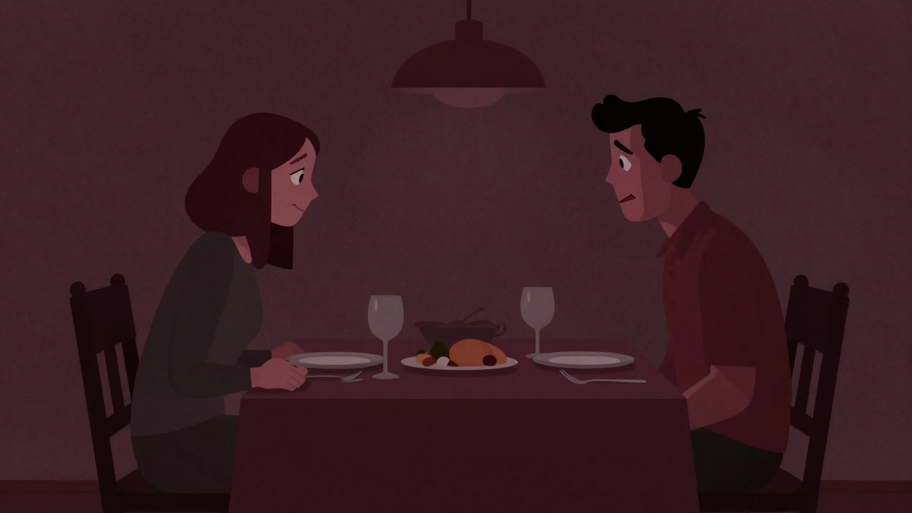 結婚式のテーブルで義兄弟が気まずい笑顔を浮かべながら相対するイラスト