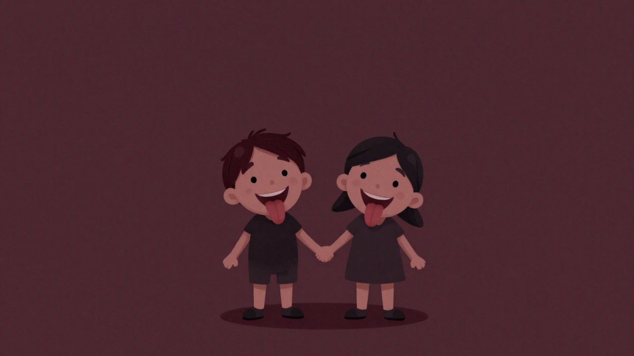 手をつなぐ兄弟姉妹が裏ではお互いに舌を出しているイラスト
