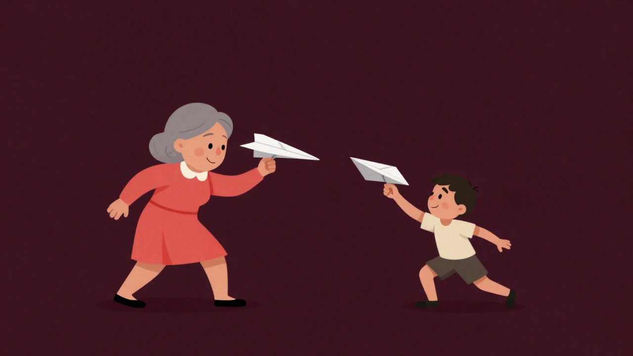 Cartoon illustration of an older sister and younger brother squabbling over a paper airplane