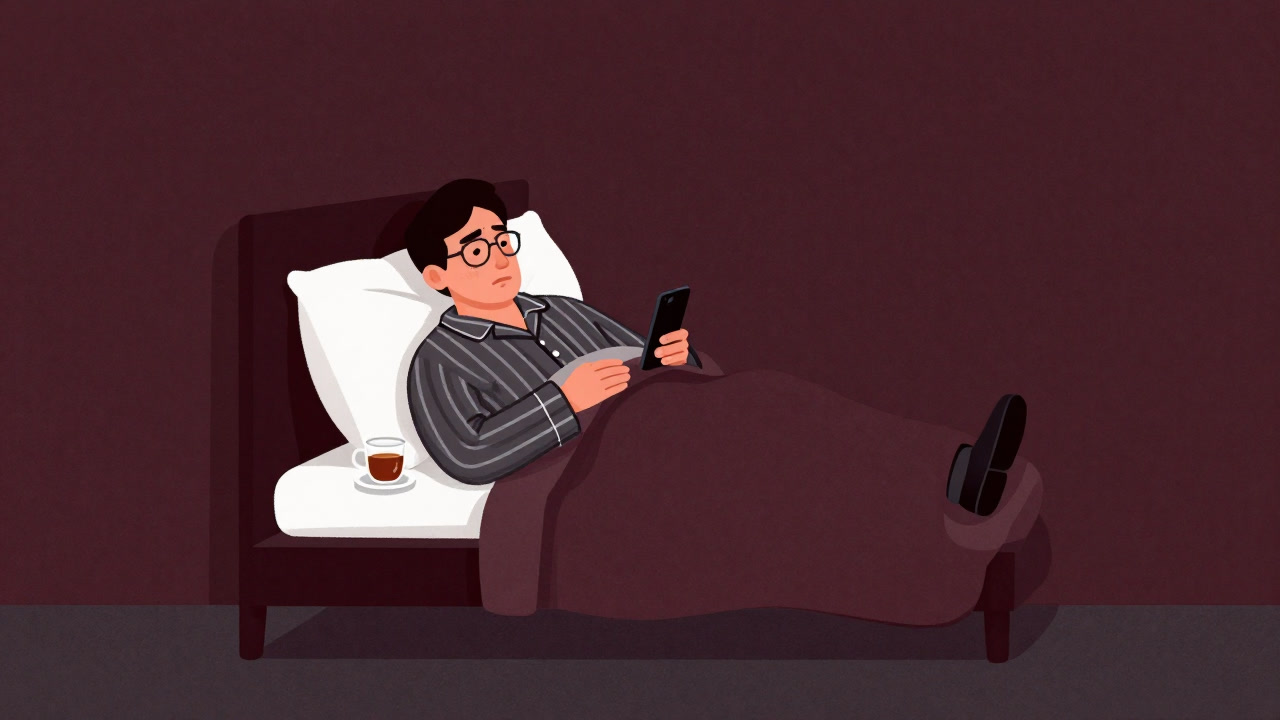 Illustration of an employee on sick leave lounging in bed surrounded by blankets and hot tea, scrolling on a smartphone.
