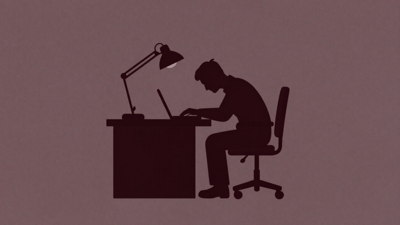 Silhouette of a side hustle worker at a desk, working on a laptop late at night with a tired expression.
