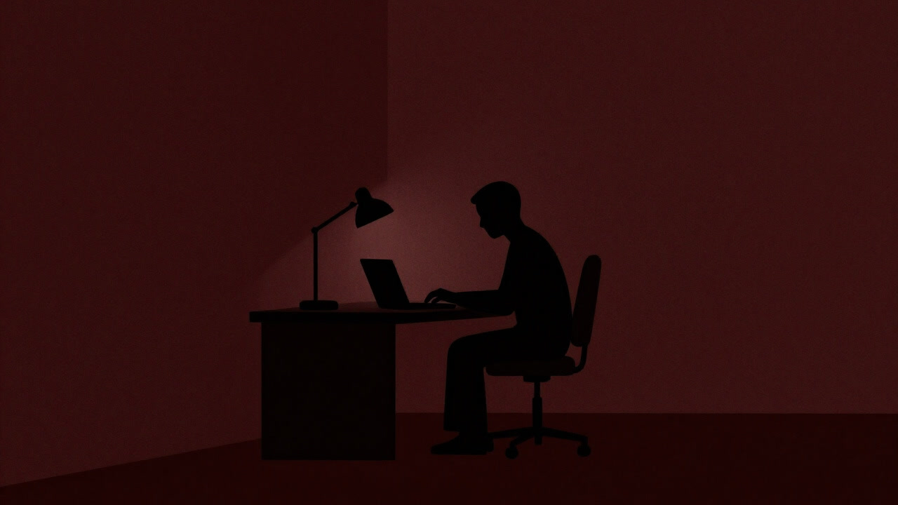Silhouette of a person working on a computer late at night in the corner of an office.