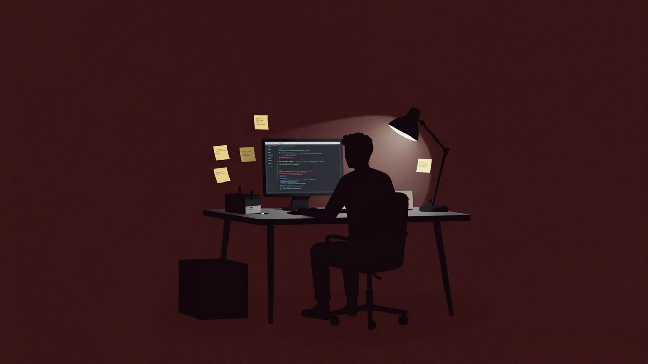 Silhouette of a person coding at a home desk late at night, surrounded by countless sticky notes.