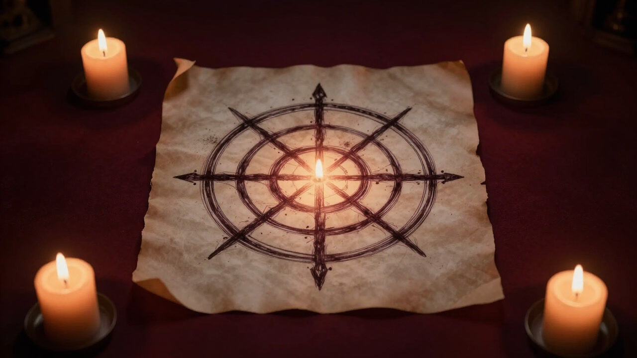 Image of a complex sigil drawn on parchment, glowing in darkness surrounded by candles