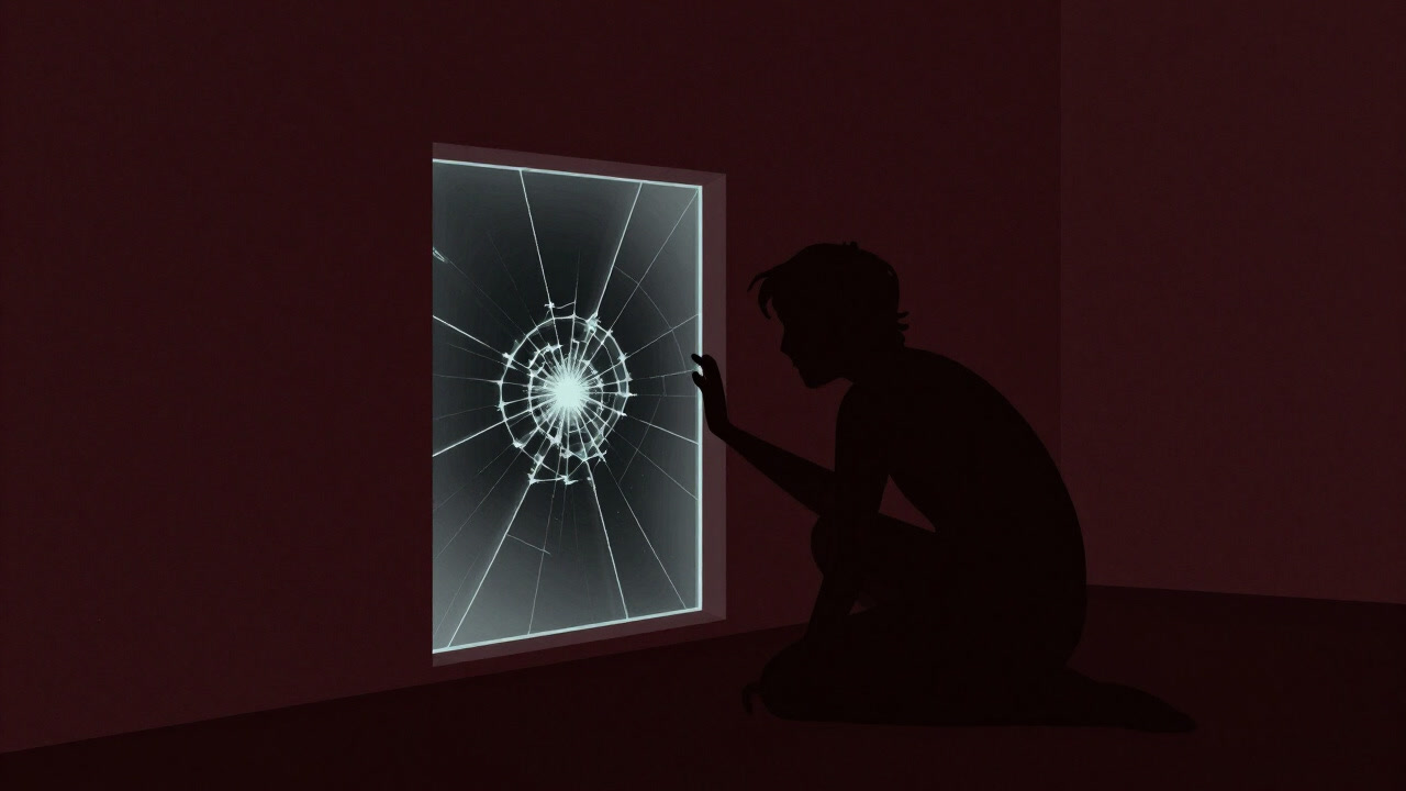 暗い背景にかすかに浮かぶひび割れたガラスとそれを見つめる不安げなシルエット