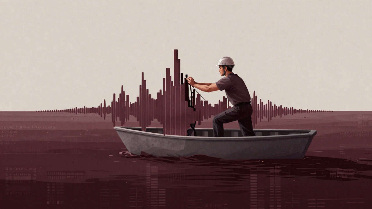 An engineer's hand desperately grasping a fragmented waveform, as if about to be swallowed by waves of data.