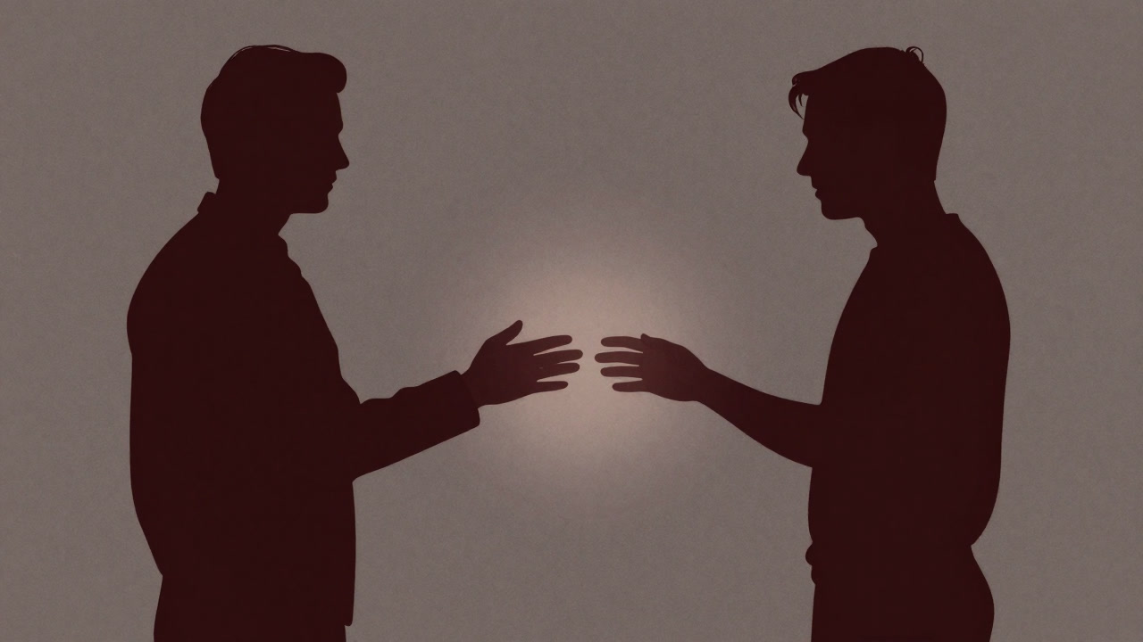 Silhouettes of two people facing each other, as if measuring each other’s personal boundaries.