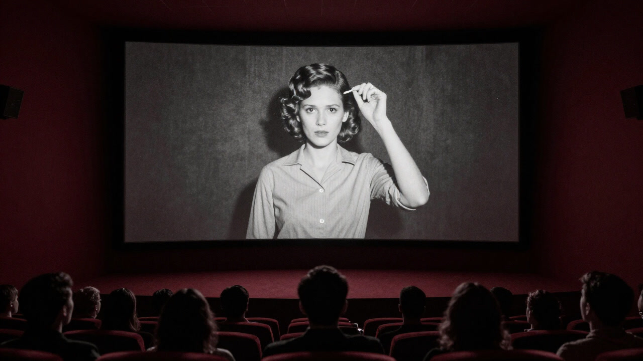 A big screen showing a black-and-white scene from a silent film