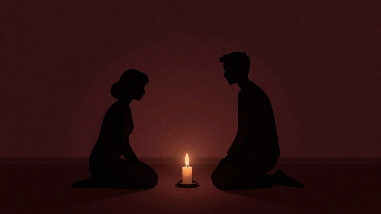 暗闇の中、ろうそくの灯りの前に静かにひざまずくシルエットの人々