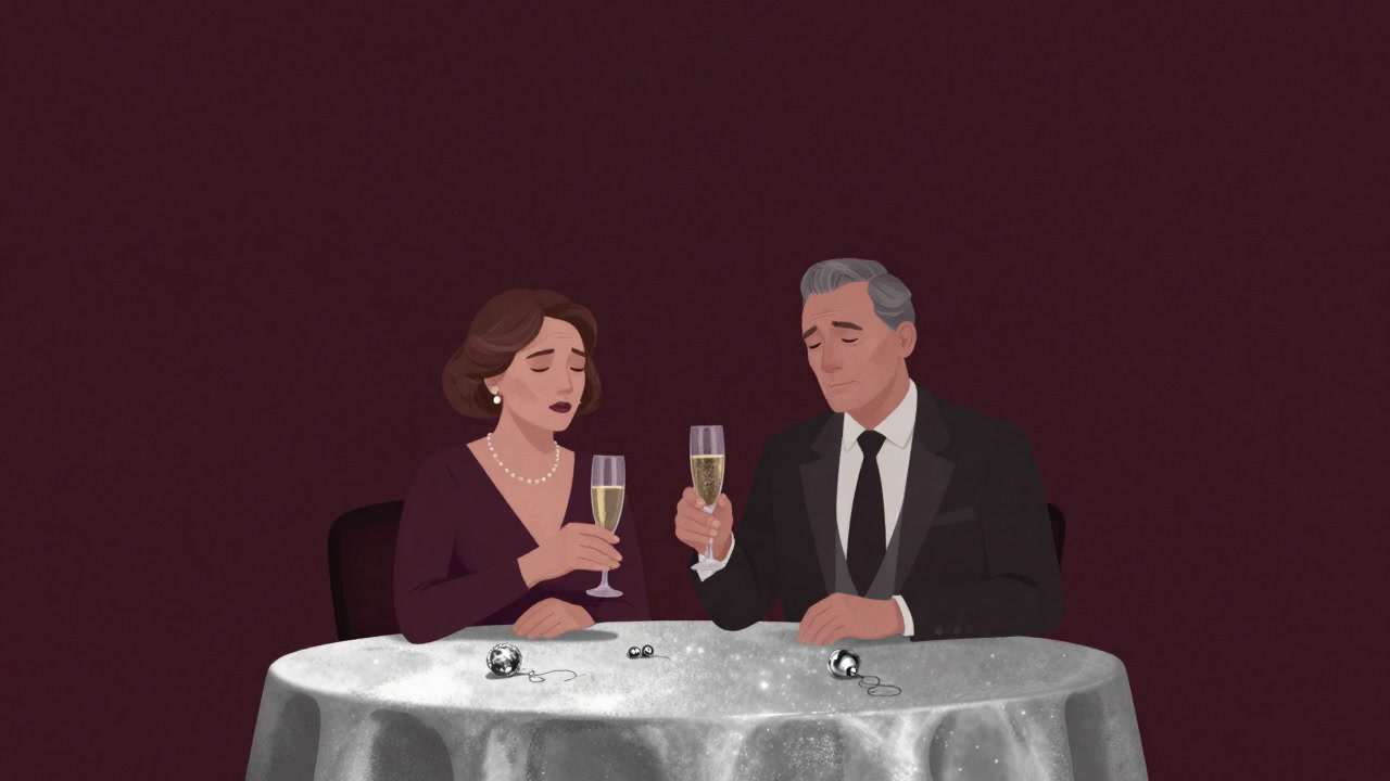 銀色のテーブルクロスの上で、疲れた表情の夫妻が銀製の置物を前に乾杯しているシーン