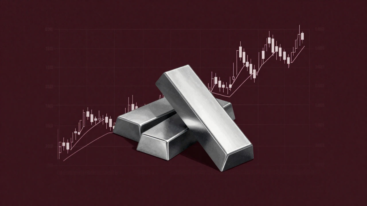株価チャートを映す画面に銀の延べ棒が逆さまに重なるイラスト