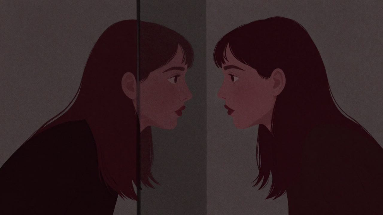 Silhouette of two figures leaning towards each other, smiling happily as if admiring their reflections.