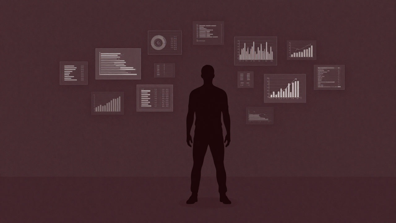 Illustration of a human silhouette repeatedly failing in a virtual space surrounded by floating graphs.