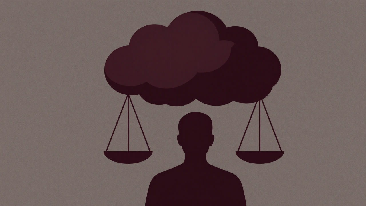 Abstract image of sin as a dark cloud pressing heavily on a person's back.