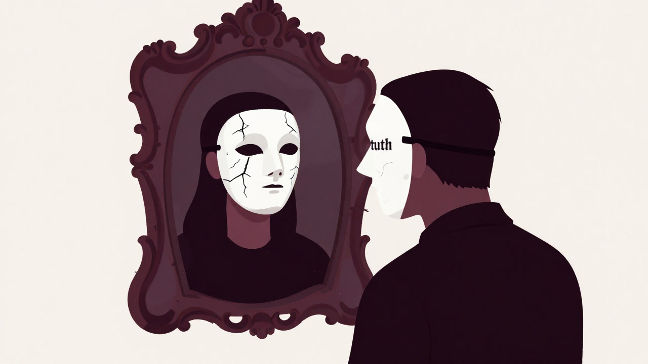 真実を語る仮面を手にした人物が鏡を見るイラスト