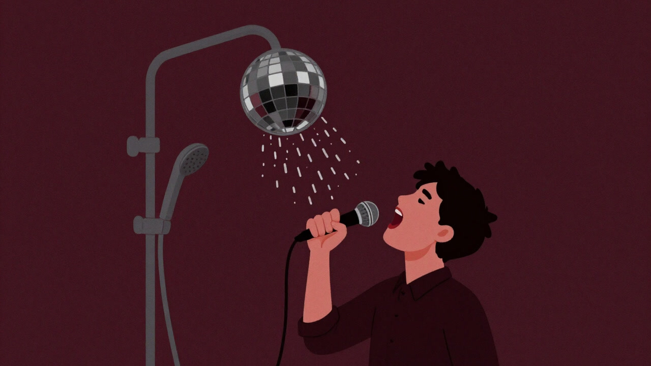 Illustration of a person singing passionately under a mirror ball in the shower
