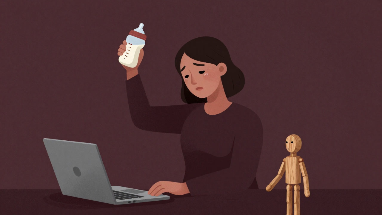 An exhausted single parent juggling work files and children's toys while holding a smartphone and a laptop