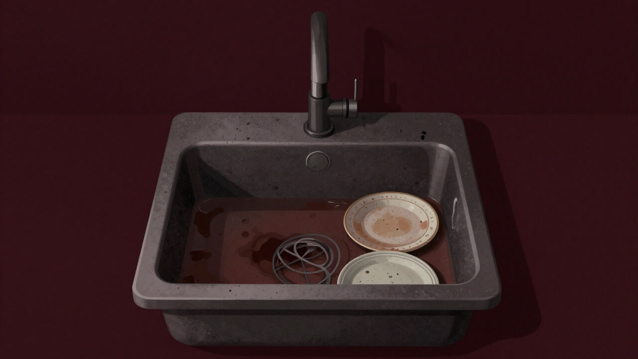 Photo of a worn sink filled with murky water and tea stains in an eerie light