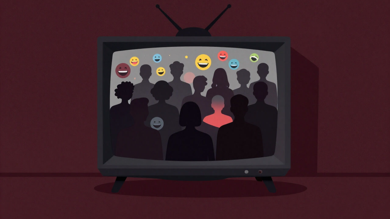Illustration of a silhouette audience in a living room set, submerged in waves of laughter.
