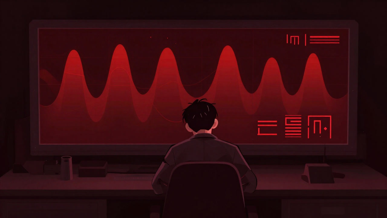 Illustration of a weary engineer staring at a console against a backdrop of red alert waves on a monitoring dashboard