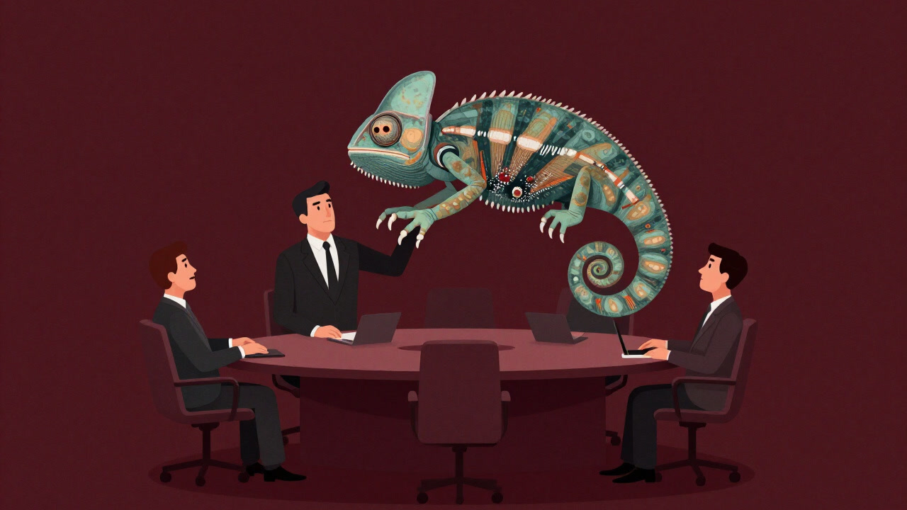 カメレオンのように指示スタイルを変えるリーダーが、会議室で戸惑う部下を見下ろす風刺的イラスト