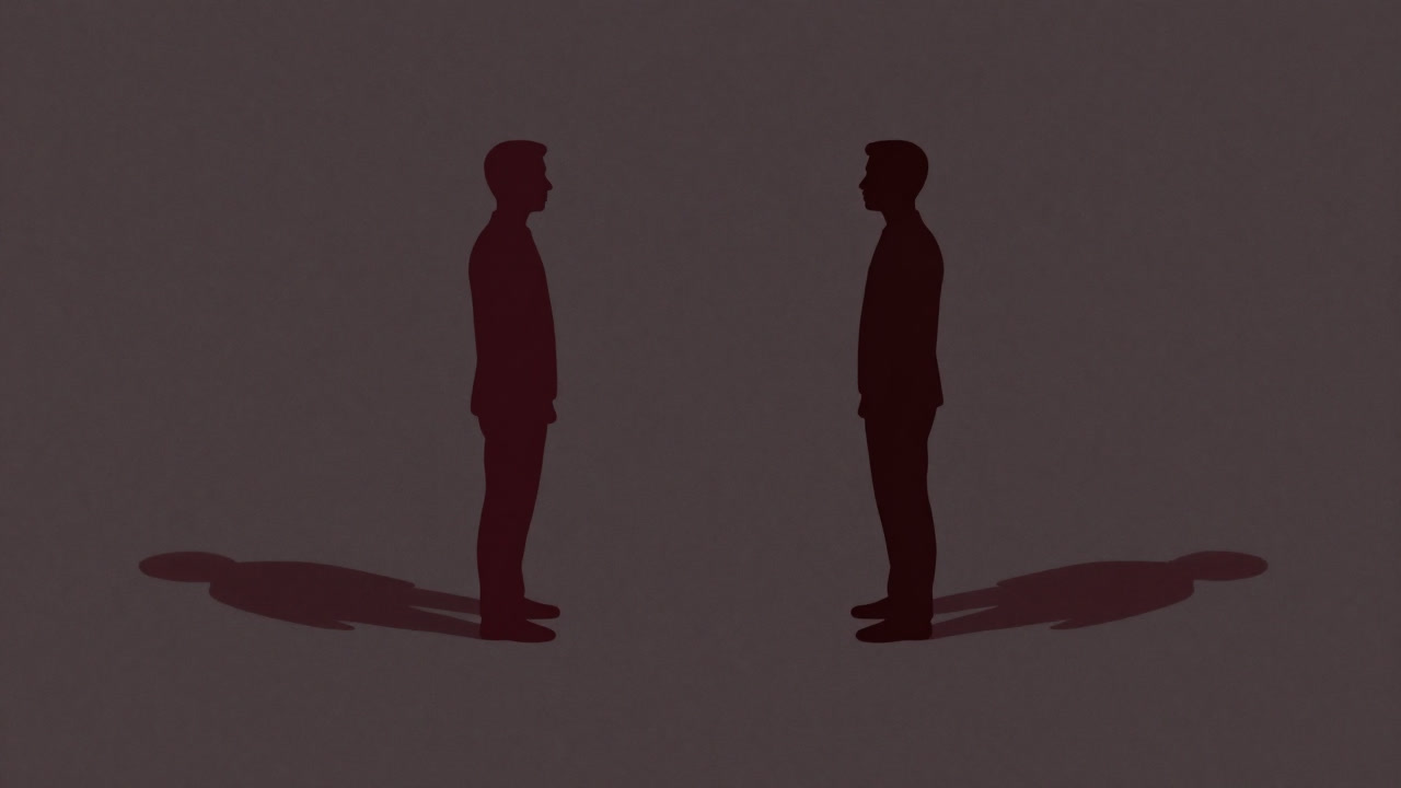 Illustration of two people facing each other with ambiguous distance, only their shadows touching