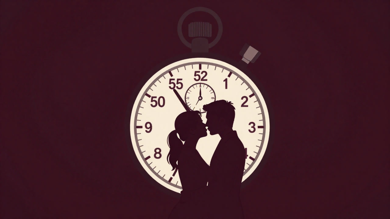 ストップウォッチを背景に、6秒間のキスを演出するカップルのシルエット