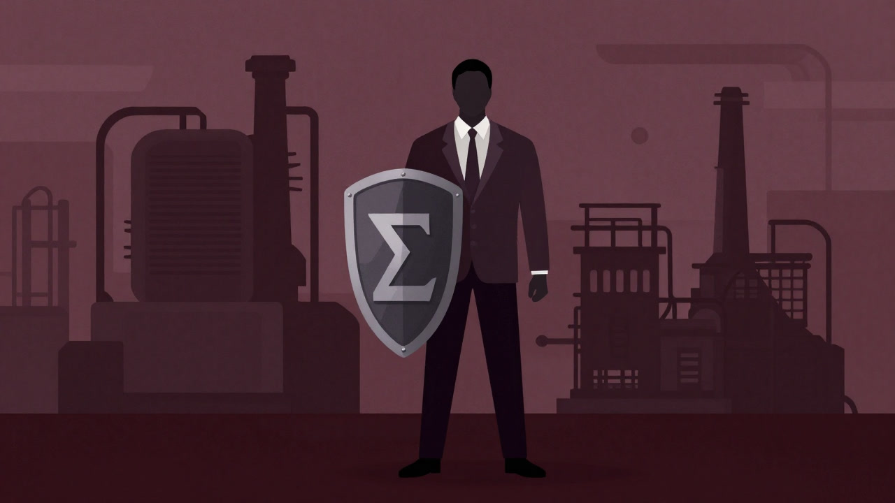 Illustration of a suited individual holding a giant sigma symbol shield with factory equipment in the background