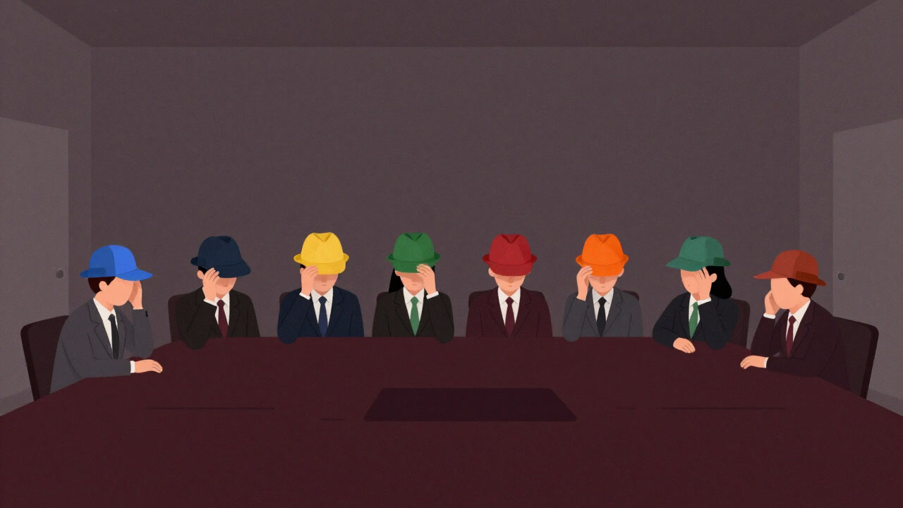 会議室のテーブル上に、誰もかぶりたがらない6色のハットが並んでいる様子