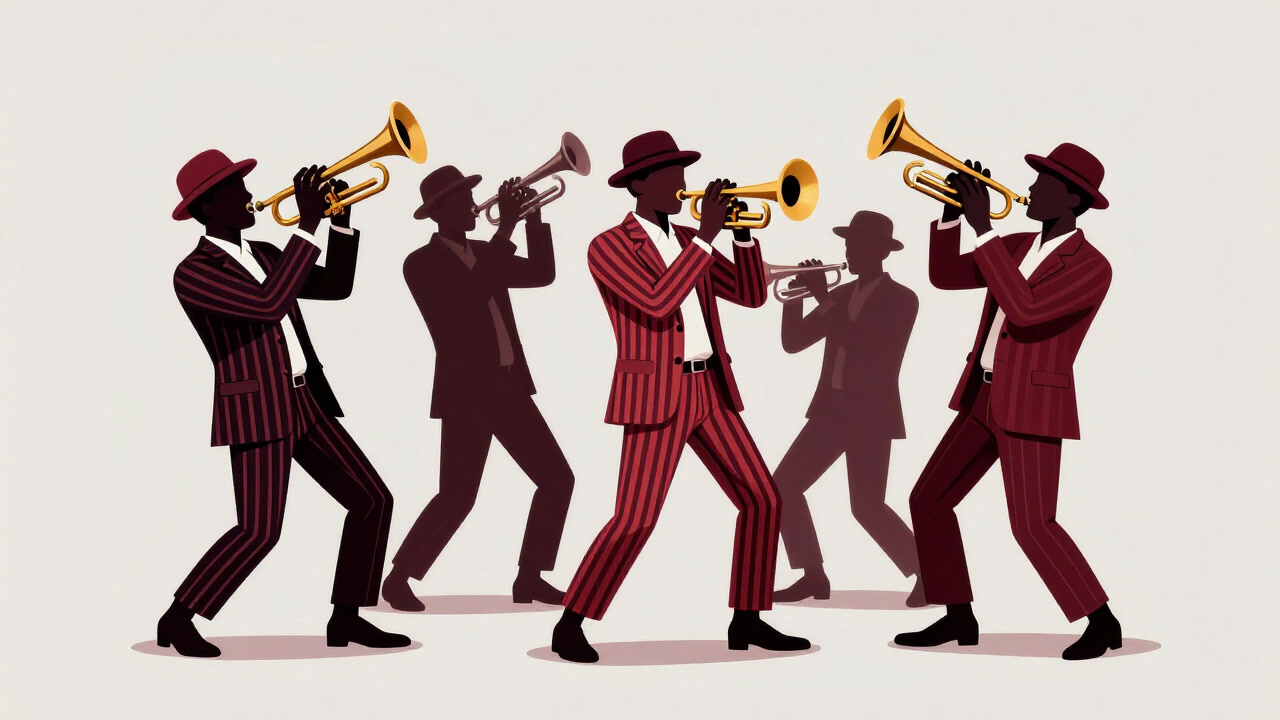 Silhouette of a ska band in vibrant striped suits dancing enthusiastically