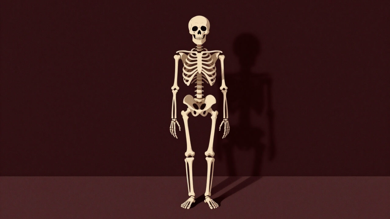 A skeleton model stands in a dimly lit studio like a human shadow, eerily smiling.