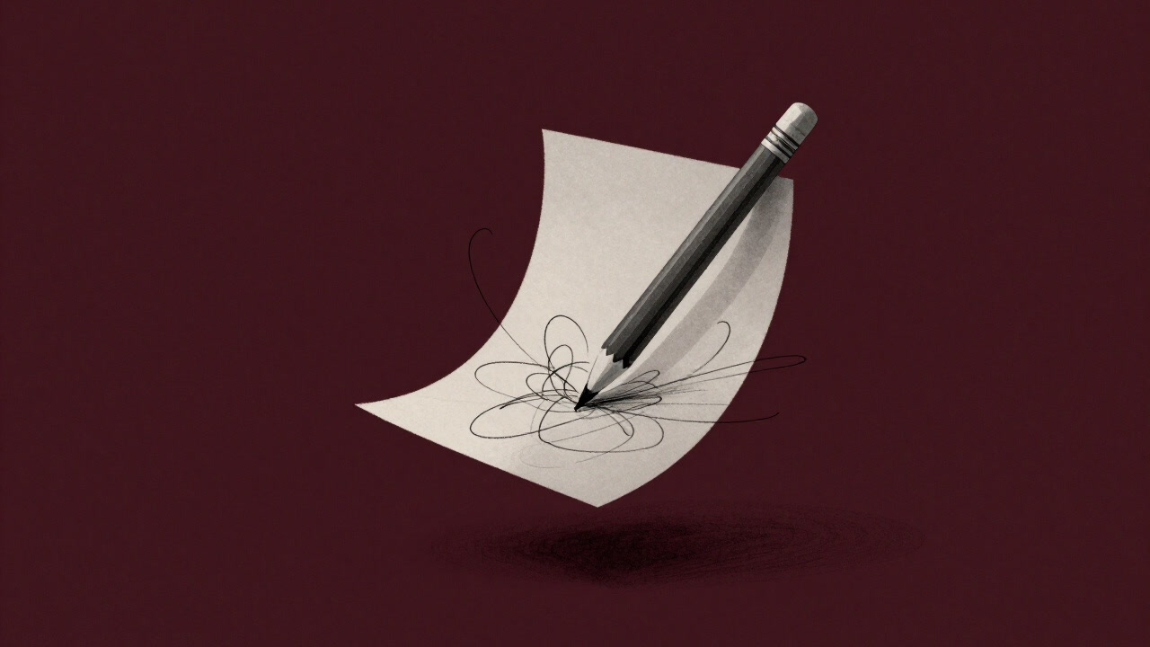 紙と鉛筆が幽玄に浮かび上がり、乱雑な線が踊るスケッチのイメージ