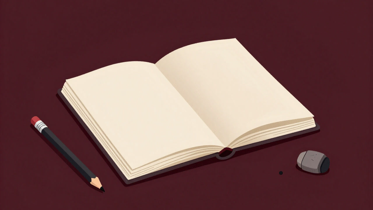 Image of a sketchbook surrounded by pencils and erasers, its blank pages giving a mocking stare