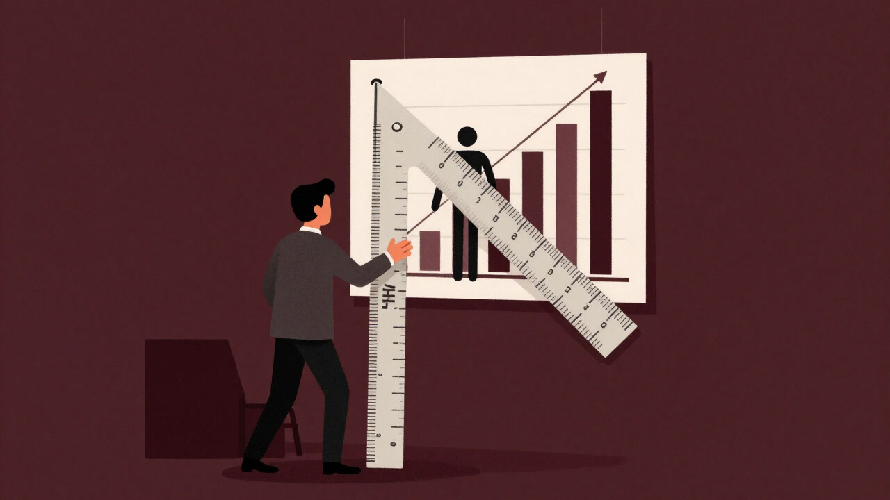 Illustration of an HR manager measuring an employee with a giant ruler and fitting the result into a bar graph in an office setting