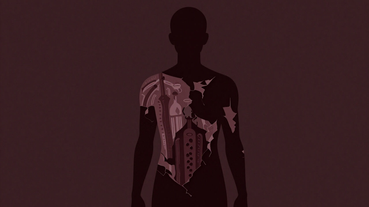 Dark illustration of a human model whose skin peels away like a patchwork, exposing underlying blood vessels and tissues