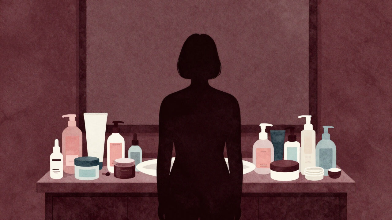 洗面台に整然と並ぶ化粧品の山を前に、途方に暮れる人物のシルエットの画像