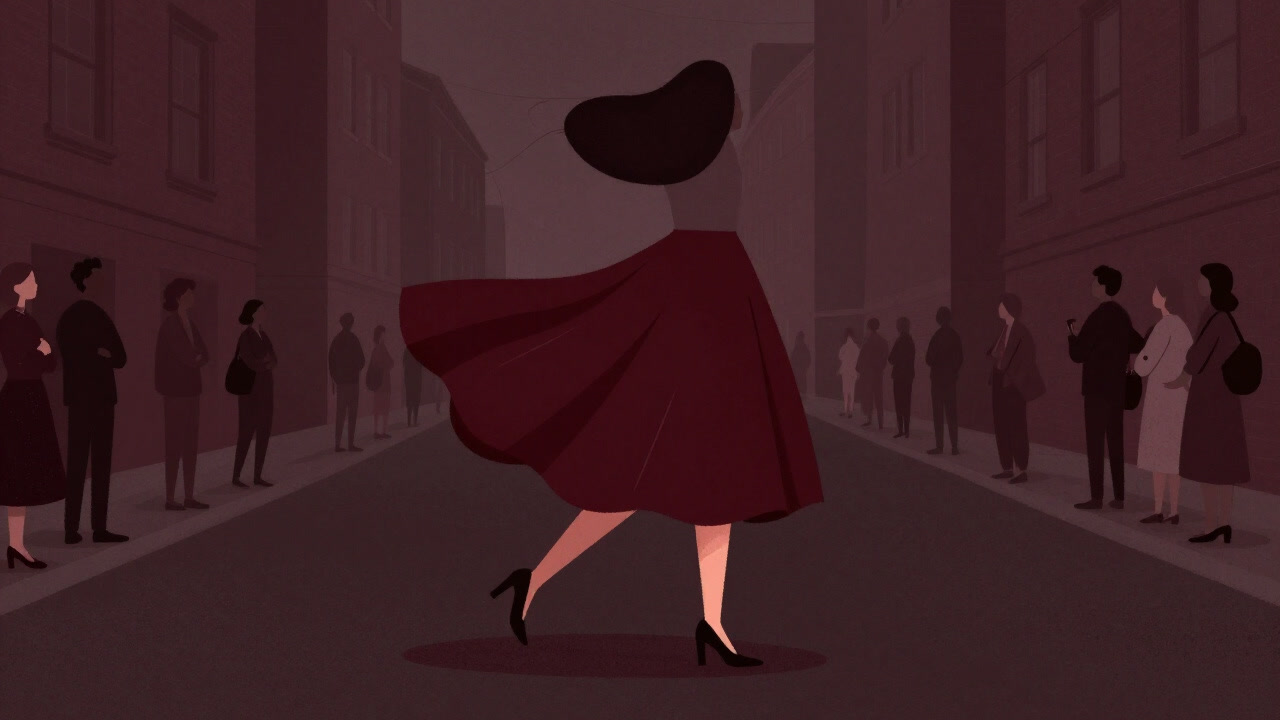 風にあおられ、ひらひらと舞うスカートが通りすがりの視線を釘付けにするイラスト