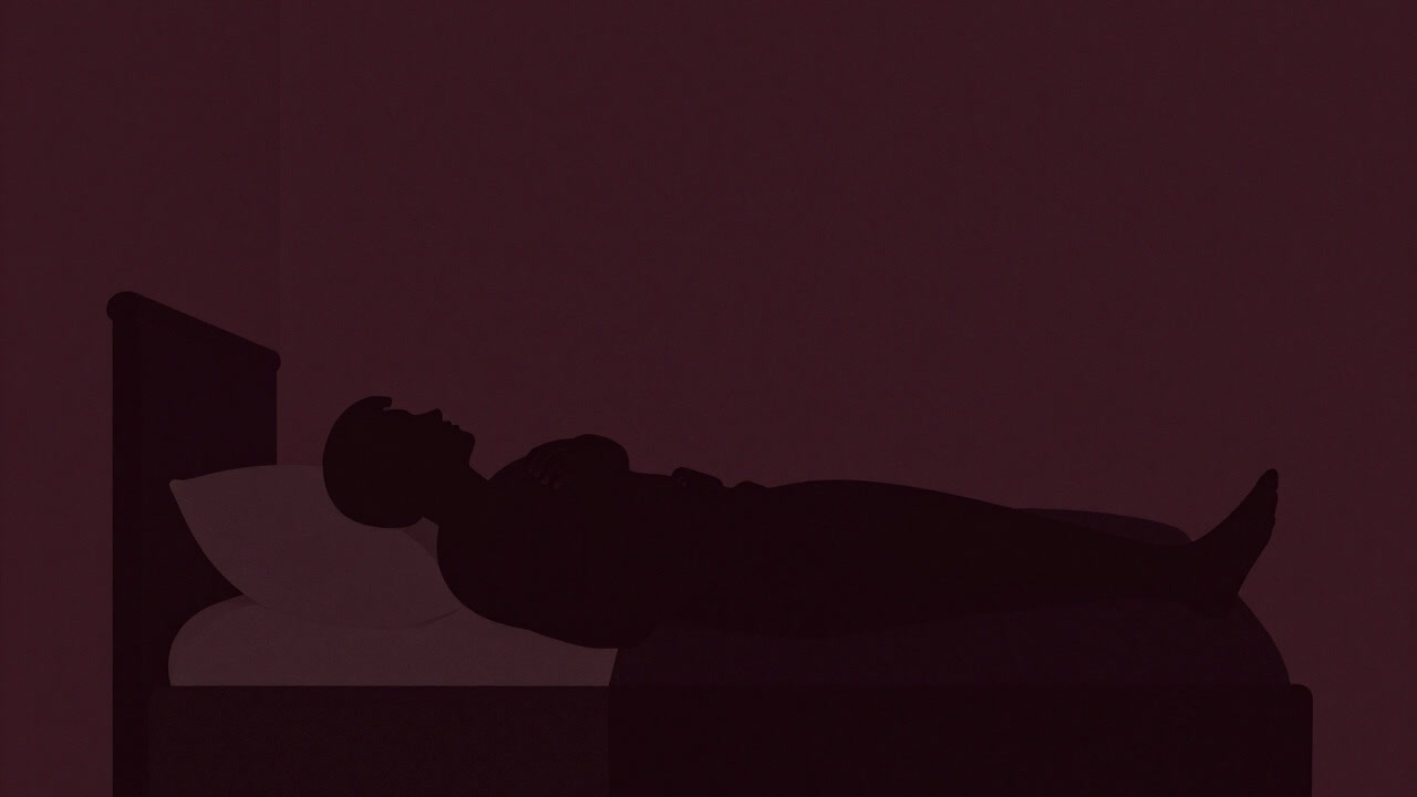 深い眠りを装いながら、闇の中で呼吸の拍動が止まりかける人物のシルエット