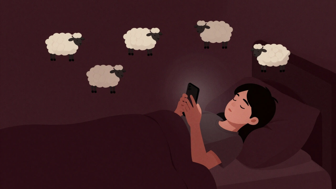 羊を数えながら目を閉じたはずが、ベッドでスマホを操作している人のシルエット