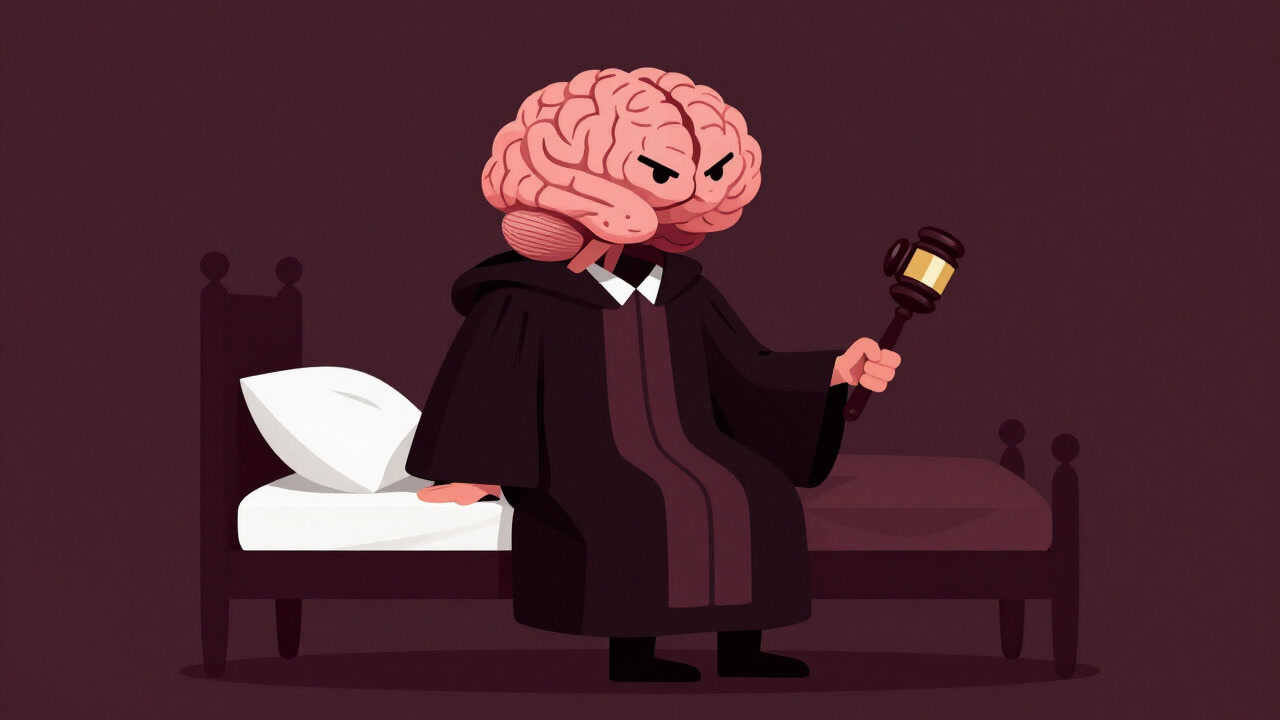 枕の審判官となり、睡眠の点数を下げる不機嫌な脳のイラスト