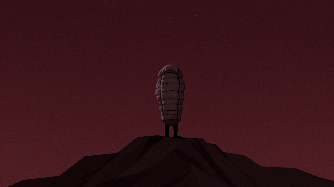 満天の星空を背景に、山頂で寝袋に包まれ固まる登山者のシルエット