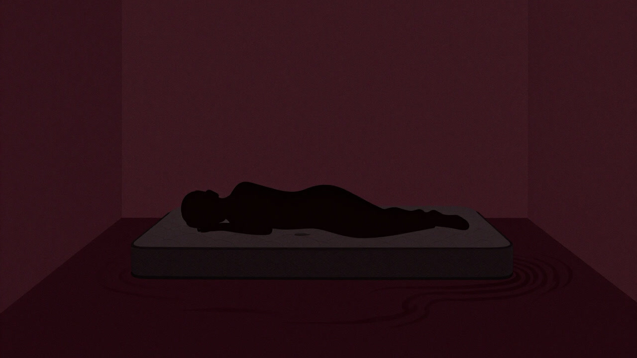 安らぎを奪い去る黒い穴のようなマットレスで眠りに落ちる人のシルエット