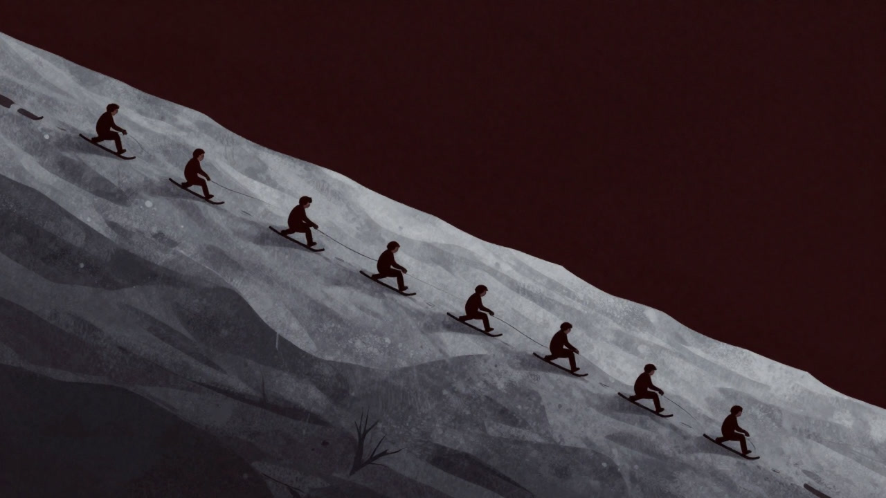 An icy slope with anthropomorphic footprints sliding downhill