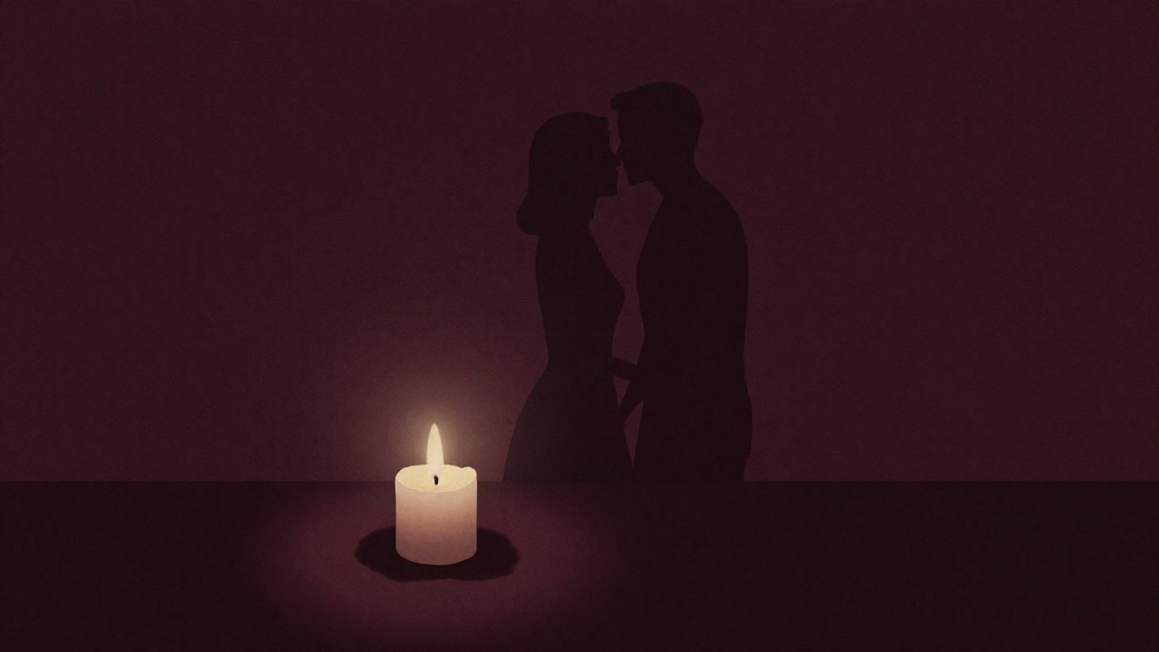 A candle flame that has stalled just before ignition, next to the shadow of a loveless kiss