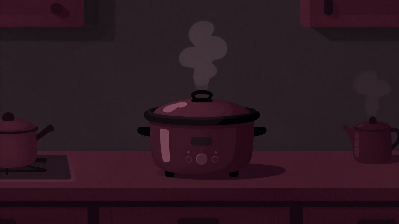Photo of a slow cooker standing on a dimly lit kitchen counter, softly releasing steam from inside.