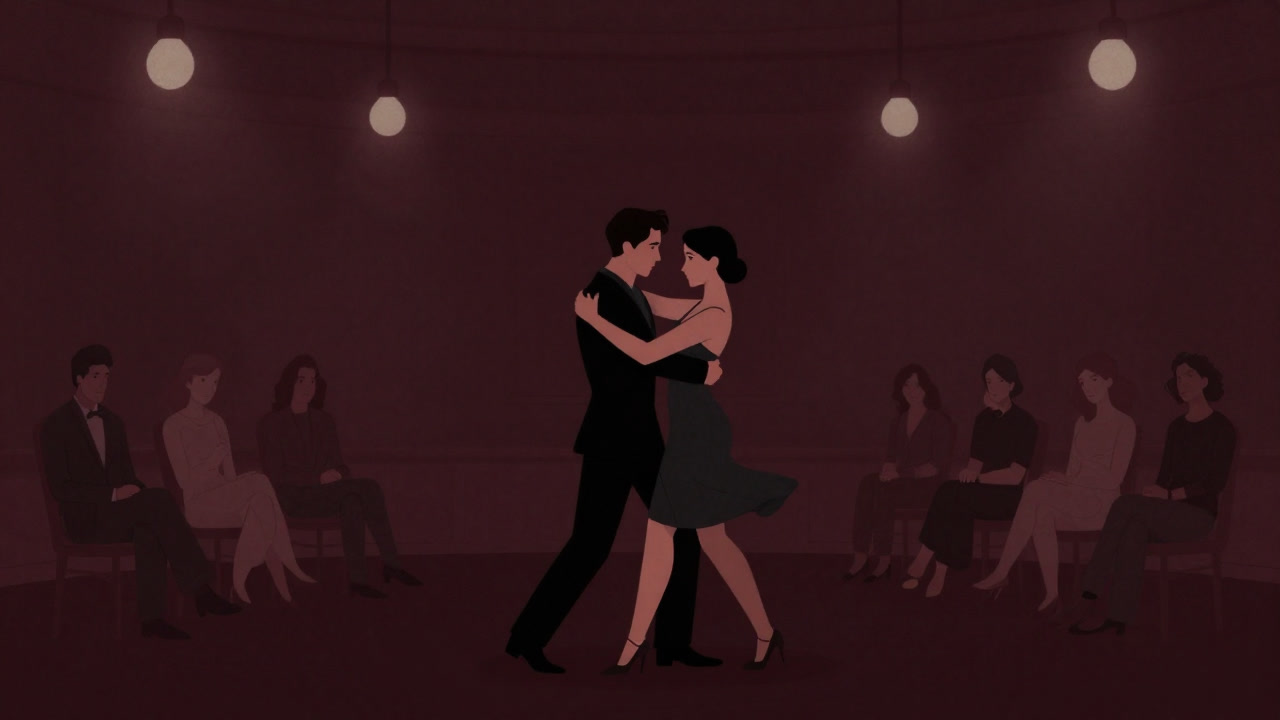 Silhouette of a couple awkwardly embracing under romantic music