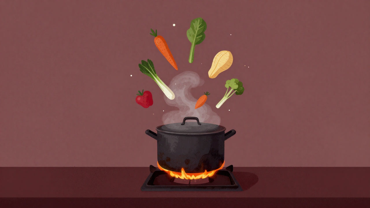 ゆっくり炎で調理される古びた鍋に、カラフルな野菜が踊るイラスト