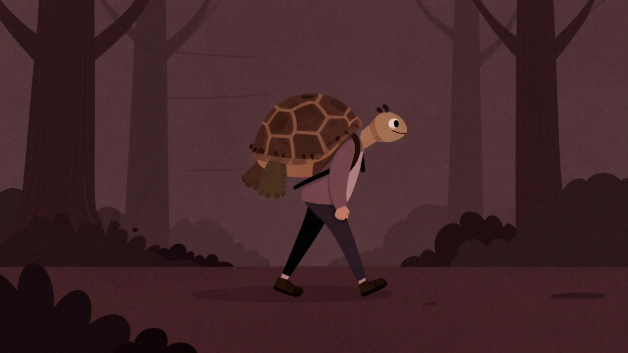 カメの甲羅のような大きなバックパックを背負い、ゆっくり歩く旅行者のイラスト